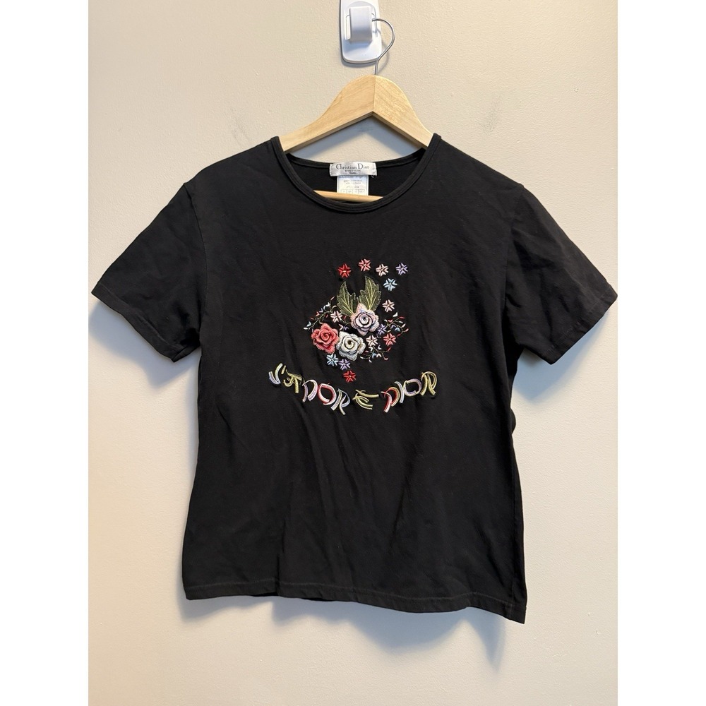 Christian Dior Boutique Paris Black Floral Embroidered T-Shirt France Women's 42 - Picture 2 of 8